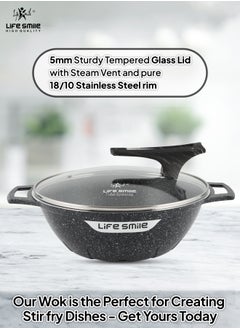 Life Smile Wok Pan with Glass Lid - Induction Bottom Safe Frying Pan Double Handle with Durable Non-Stick Granite Coating - Oven Safe Pan With Wooden Turner  - Image 4