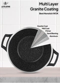 Life Smile Wok Pan with Glass Lid - Induction Bottom Safe Frying Pan Double Handle with Durable Non-Stick Granite Coating - Oven Safe Pan With Wooden Turner  - Image 3
