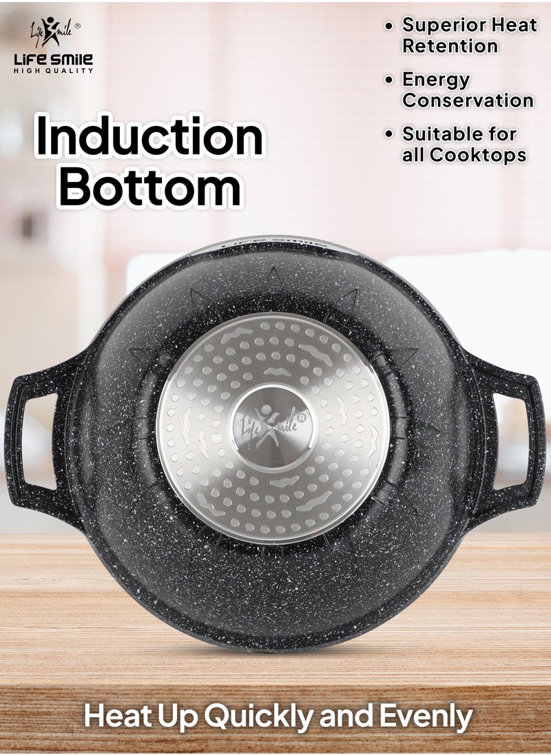 Life Smile Wok Pan with Glass Lid - Induction Bottom Safe Frying Pan Double Handle with Durable Non-Stick Granite Coating - Oven Safe Pan With Wooden Turner  - Image 2