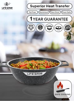 Life Smile Wok Pan with Glass Lid - Induction Bottom Safe Frying Pan Double Handle with Durable Non-Stick Granite Coating - Oven Safe Pan With Wooden Turner  - Image 5