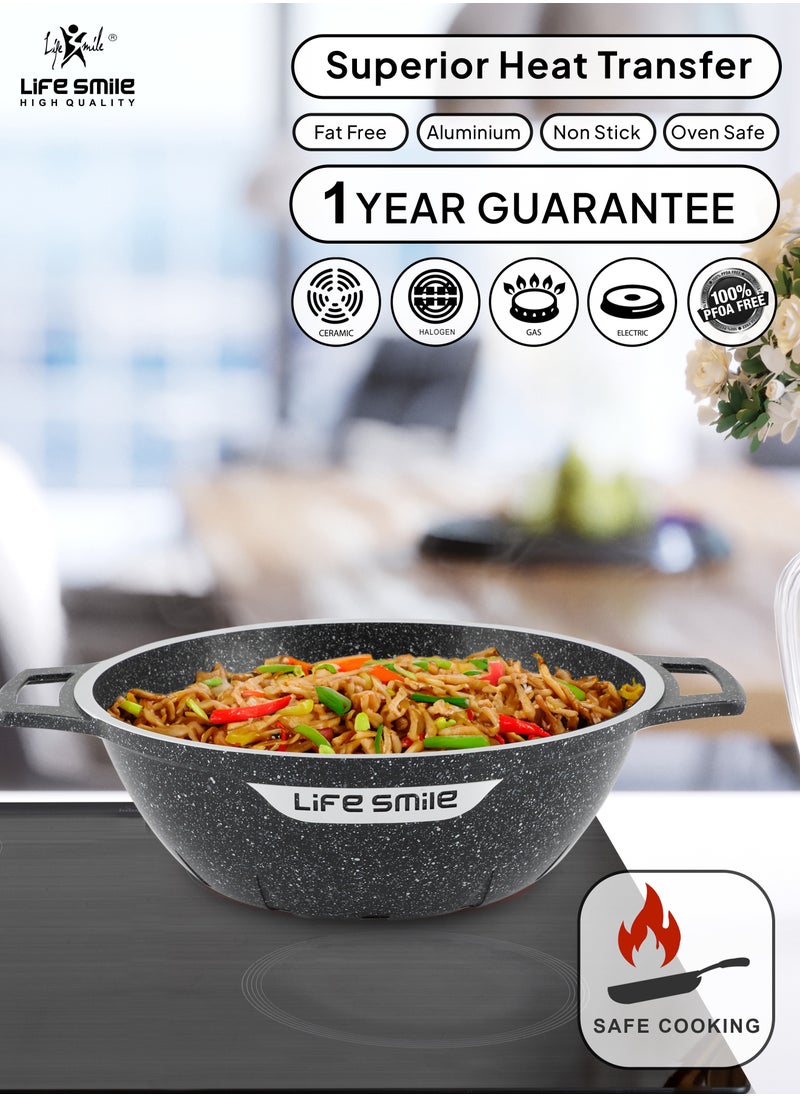 Life Smile Wok Pan with Glass Lid - Induction Bottom Safe Frying Pan Double Handle with Durable Non-Stick Granite Coating - Oven Safe Pan With Wooden Turner  - Image 5