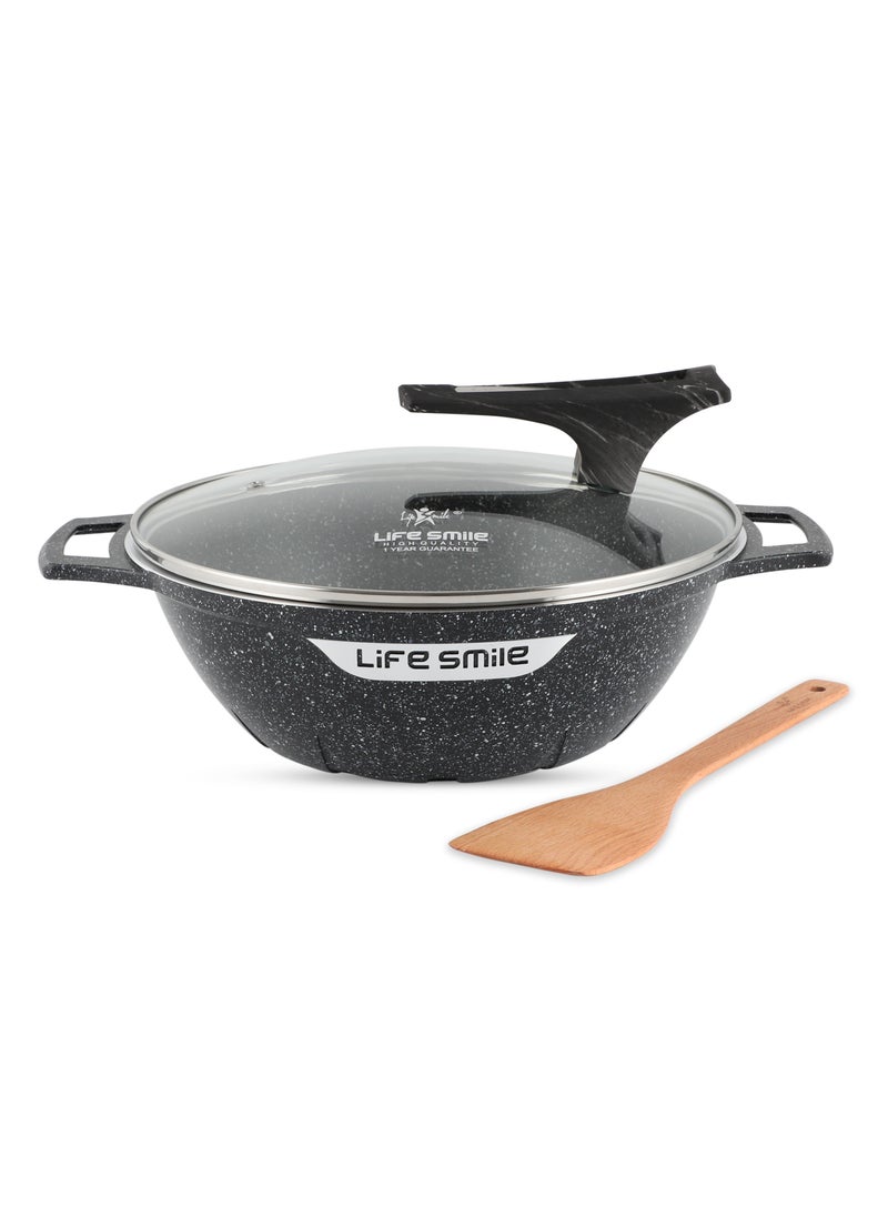 Life Smile Wok Pan with Glass Lid - Induction Bottom Safe Frying Pan Double Handle with Durable Non-Stick Granite Coating - Oven Safe Pan With Wooden Turner  - Image 1