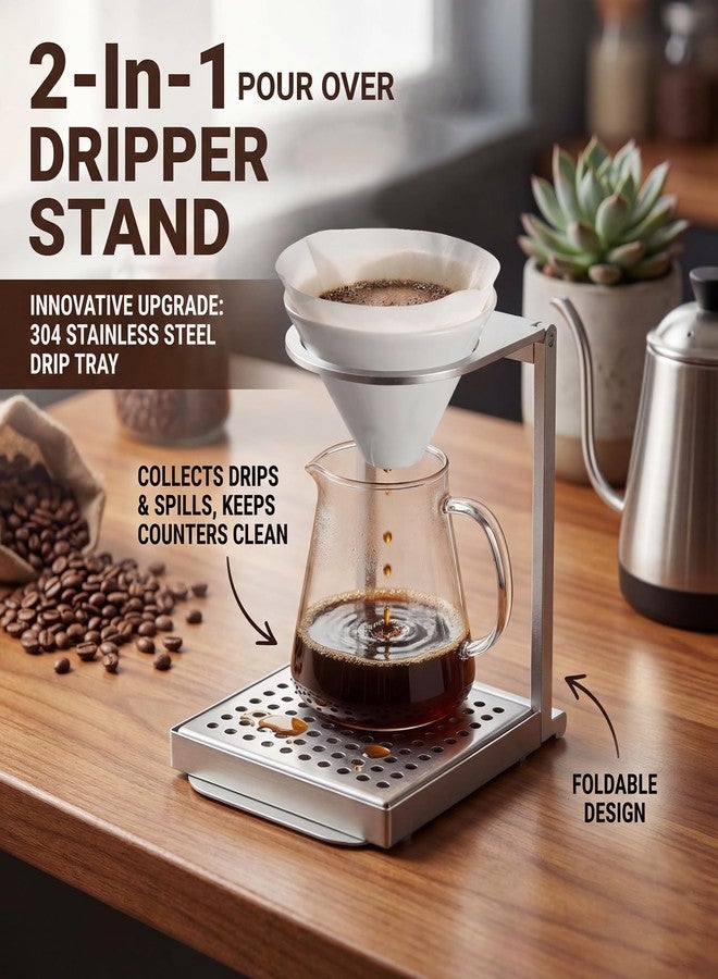 Enhon Pour Over Dripper Stand with Drip Tray, Portable & Foldable Espresso Machine Stand and Stainless Steel Drip Tray, Coffee Dripper Holder with Base, Suitable for Office, Home and Camping - Image 2