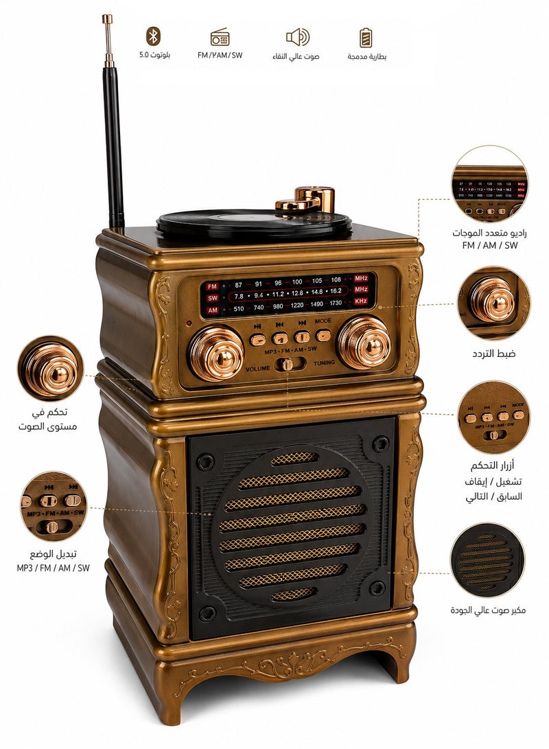 FEEXOT FX-2502B Retro Classic Portable Bluetooth Speaker and Radio - MP3 Player, AM/FM/SW, USB, TF Card, Rechargeable Battery - Image 4