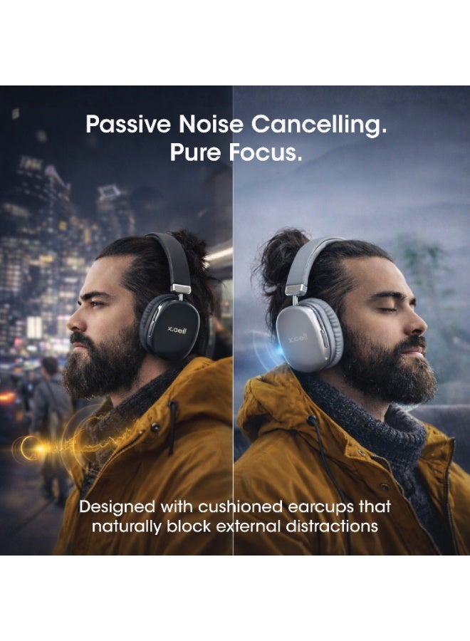 Xcell HS314 Passive Noise Cancelling Wireless Headphones with FM Radio | 15 Hours Play| 40mm Drivers | BT 6.0 | Auto-Tuning FM | Type-C Charging | Hands-Free Calling | 200 Hours Standby (Silver) - Image 2