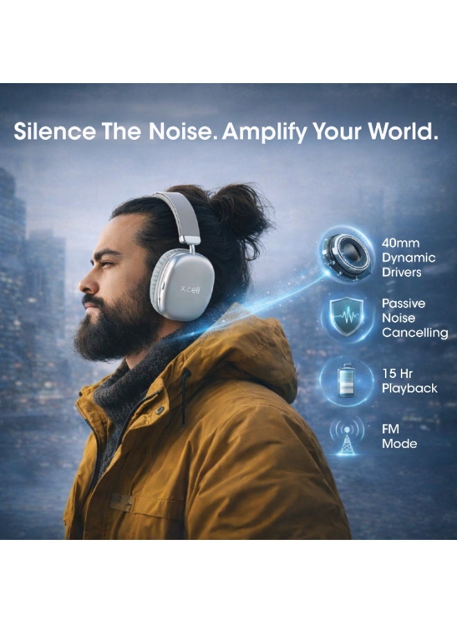 Xcell HS314 Passive Noise Cancelling Wireless Headphones with FM Radio | 15 Hours Play| 40mm Drivers | BT 6.0 | Auto-Tuning FM | Type-C Charging | Hands-Free Calling | 200 Hours Standby (Silver) - Image 4