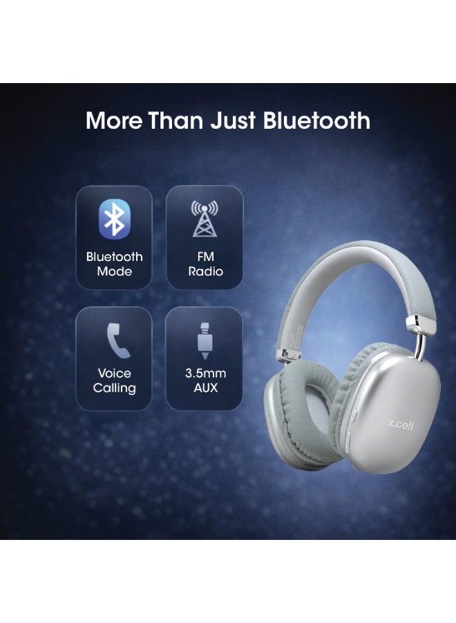 Xcell HS314 Passive Noise Cancelling Wireless Headphones with FM Radio | 15 Hours Play| 40mm Drivers | BT 6.0 | Auto-Tuning FM | Type-C Charging | Hands-Free Calling | 200 Hours Standby (Silver) - Image 3