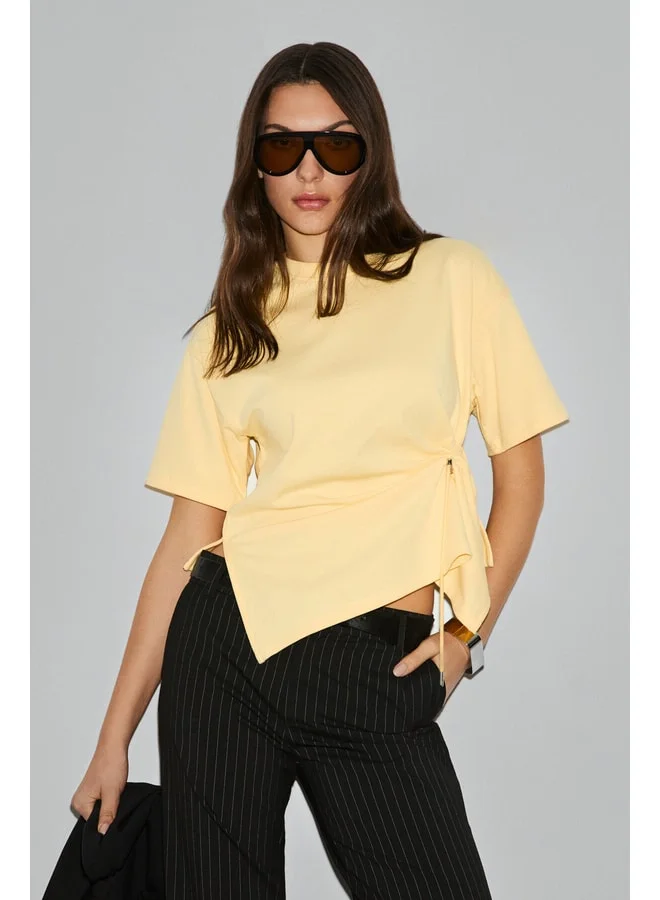 GRIMELANGE CORIAN Women's Organic Cotton Round-Neck Puff Sleeve and Cord-Detail Regular Yellow Blouse.