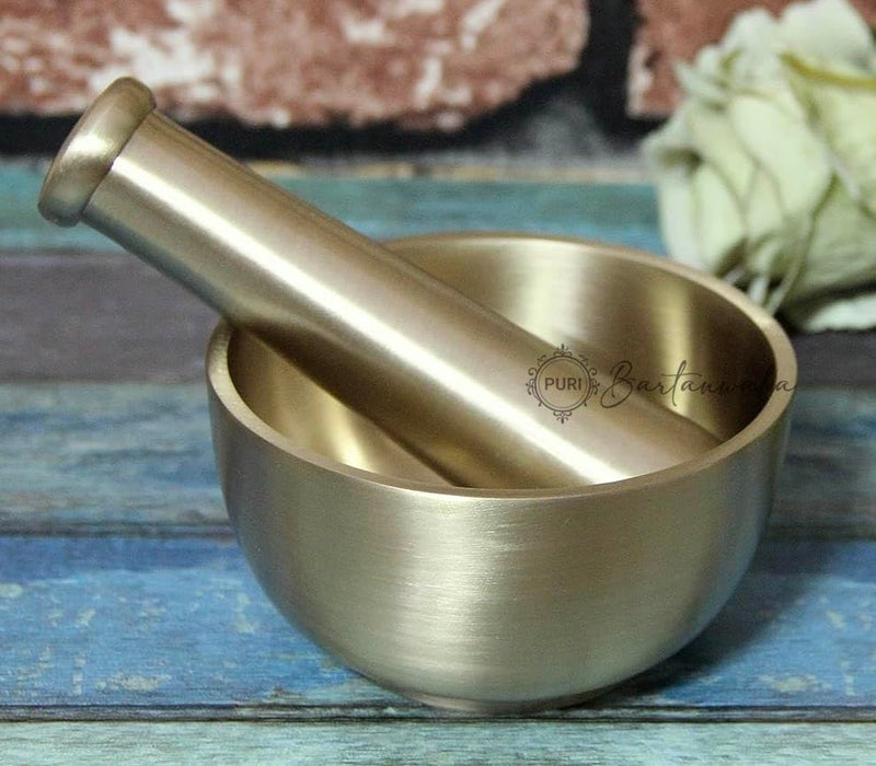 PURI-Brass/Pital Mortar Pestle/Okhli - Ancient Style -Brushed Finish- HAND CRAFTED IN INDIA - Image 1