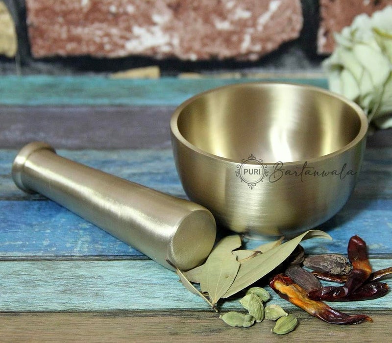 PURI-Brass/Pital Mortar Pestle/Okhli - Ancient Style -Brushed Finish- HAND CRAFTED IN INDIA - Image 2