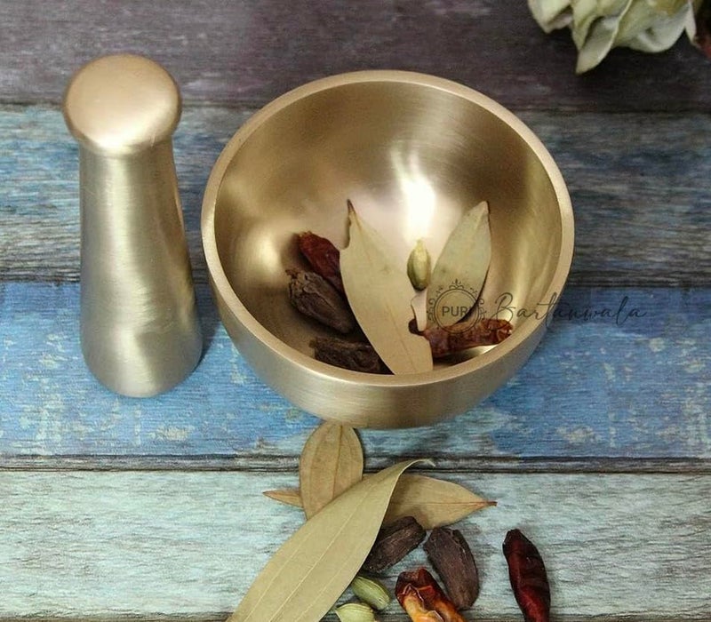PURI-Brass/Pital Mortar Pestle/Okhli - Ancient Style -Brushed Finish- HAND CRAFTED IN INDIA - Image 3