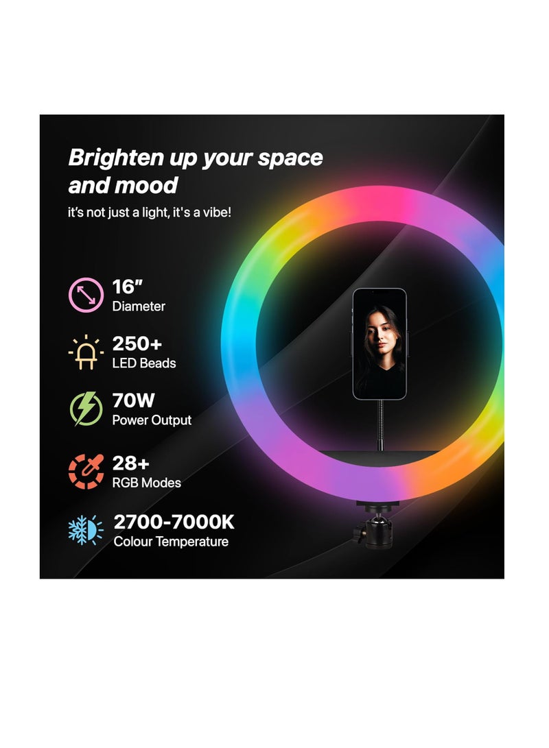 "16-inch LED RGB Ring Light without Tripod | 28+ Color Modes for YouTube, Photography, Video Recording, Live Streaming, Makeup & More | Compatible with iPhone/Android and Cameras"  - Image 2