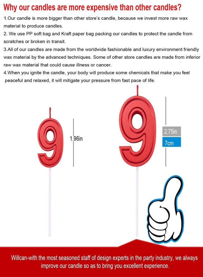 Willcan 2.75in Large Size Happy Birthday Metallic Red 9 Candles, Happy Birthday Cake Cupcake Toppers Decoration and Celebrating for Adults/Kids Party Baking (2.75in Metallic Red Number 9) - Image 2