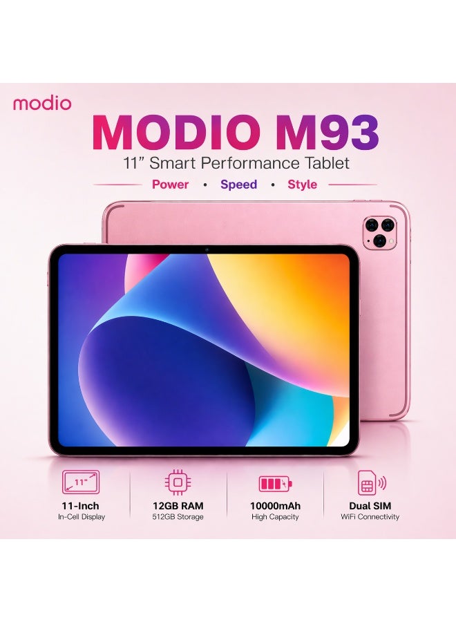 MODIO TAB M93 Tablet 11 Inch, 12GB RAM, 512GB Storage, Android 15, 10000mAh Battery, In-Cell HD Display, Dual SIM WiFi with Keyboard & Mouse (Pink) - Image 2