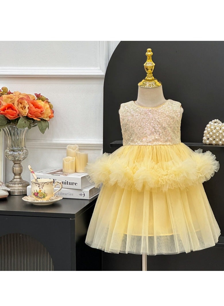 Yellow Sequin Bodice Double-Tier Tulle Princess Dress for Toddler Girls, Perfect for Birthday Parties, Photo Shoots & Special Occasions, Fits Height 90–100 cm (2–3 Y, 12–15 kg), Soft Polyester  - Image 1