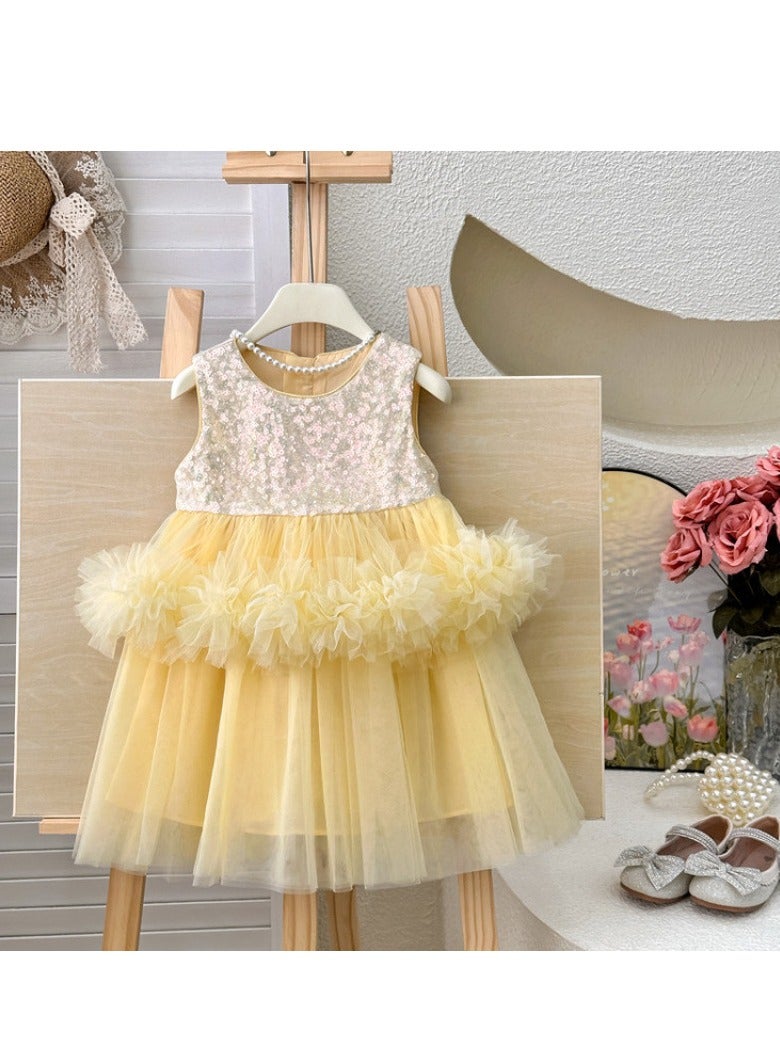Yellow Sequin Bodice Double-Tier Tulle Princess Dress for Toddler Girls, Perfect for Birthday Parties, Photo Shoots & Special Occasions, Fits Height 90–100 cm (2–3 Y, 12–15 kg), Soft Polyester  - Image 4