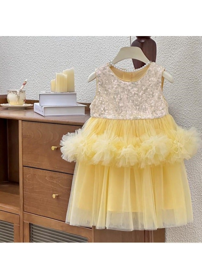 Yellow Sequin Bodice Double-Tier Tulle Princess Dress for Toddler Girls, Perfect for Birthday Parties, Photo Shoots & Special Occasions, Fits Height 90–100 cm (2–3 Y, 12–15 kg), Soft Polyester  - Image 3