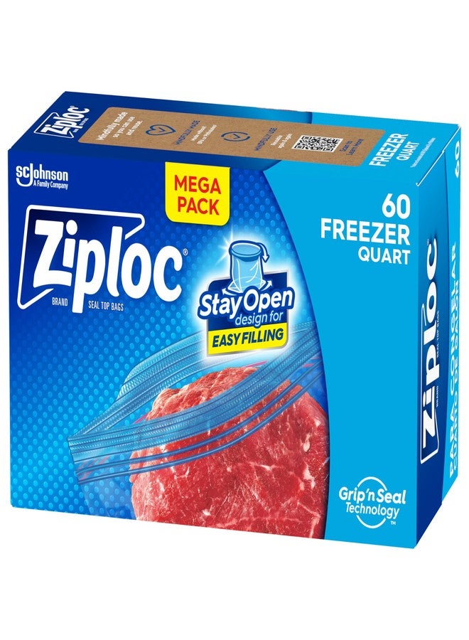 Ziploc Quart Food Storage Freezer Bags, Stay Open Design, Easy to Fill, 60 count (Packaging May Vary) - Image 1
