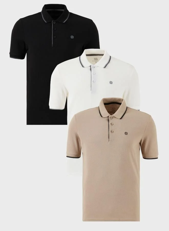 Buratti Buratti Cotton Slim Fit Striped Detail Buttoned Polo Collar 3-Pack Men's T-Shirt 5902118S3