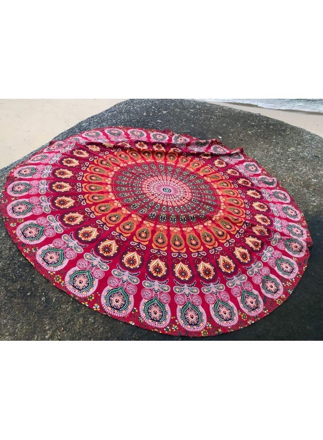 raajsee Mandala Round Beach Tapestry Hippie Mandala Boho Decor Beach Blanket Indian Cotton Throw Bohemian Round Table Cloth Mandala Yoga Mat Meditation Picnic Rugs (Red)  - Image 4