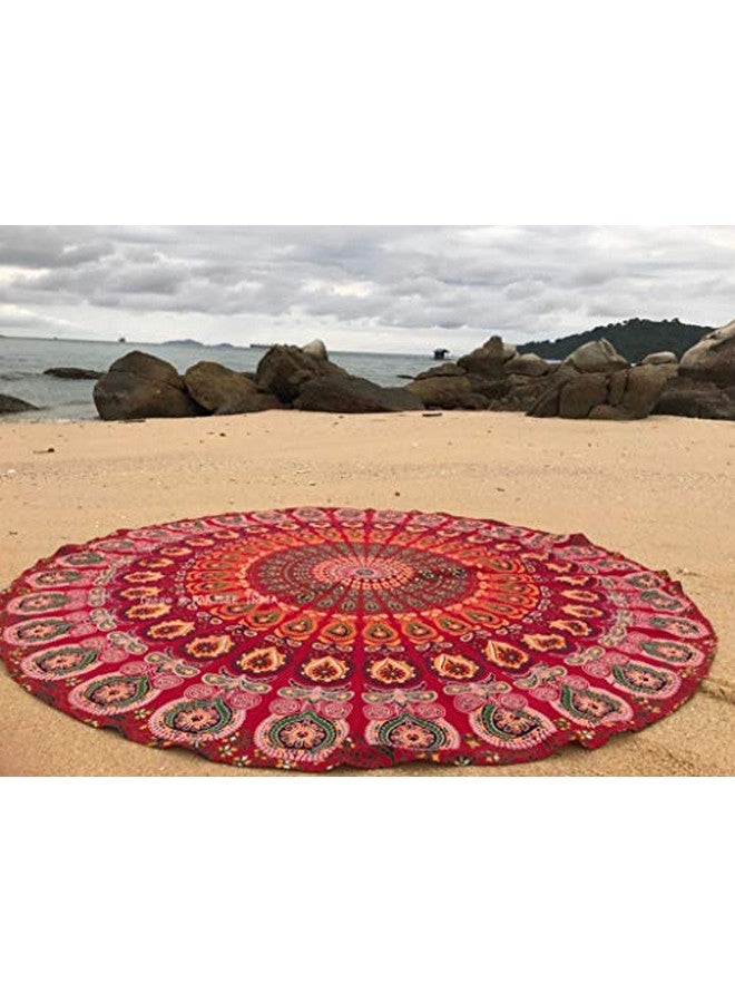 raajsee Mandala Round Beach Tapestry Hippie Mandala Boho Decor Beach Blanket Indian Cotton Throw Bohemian Round Table Cloth Mandala Yoga Mat Meditation Picnic Rugs (Red)  - Image 1