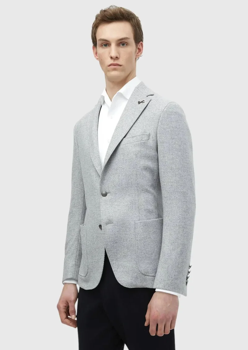 RAMSEY Light Grey Plain Shirt Shoulder Slim Fit Wool Blended Jacket