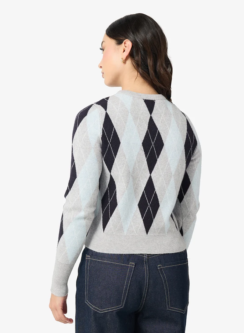 اونلي Onlibi Diamond Check Detail Long Sleeve Crew Neck Pullover Sweater