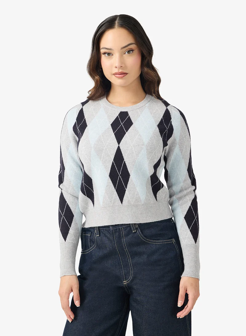 اونلي Onlibi Diamond Check Detail Long Sleeve Crew Neck Pullover Sweater