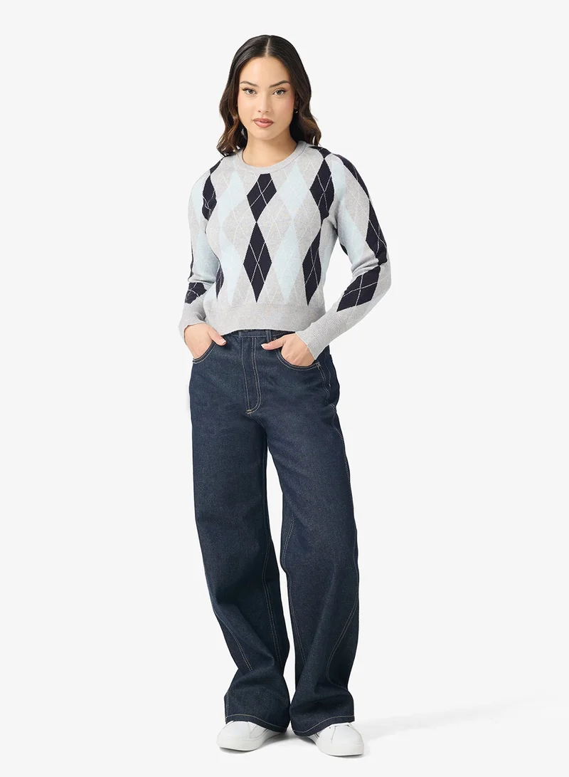 ONLY  Onlibi Diamond Check Detail Long Sleeve Crew Neck Pullover Sweater for Women | Best Price UAE