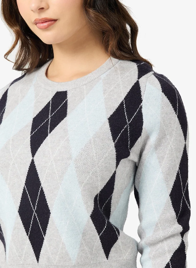 ONLY  Onlibi Diamond Check Detail Long Sleeve Crew Neck Pullover Sweater for Women | Best Price UAE