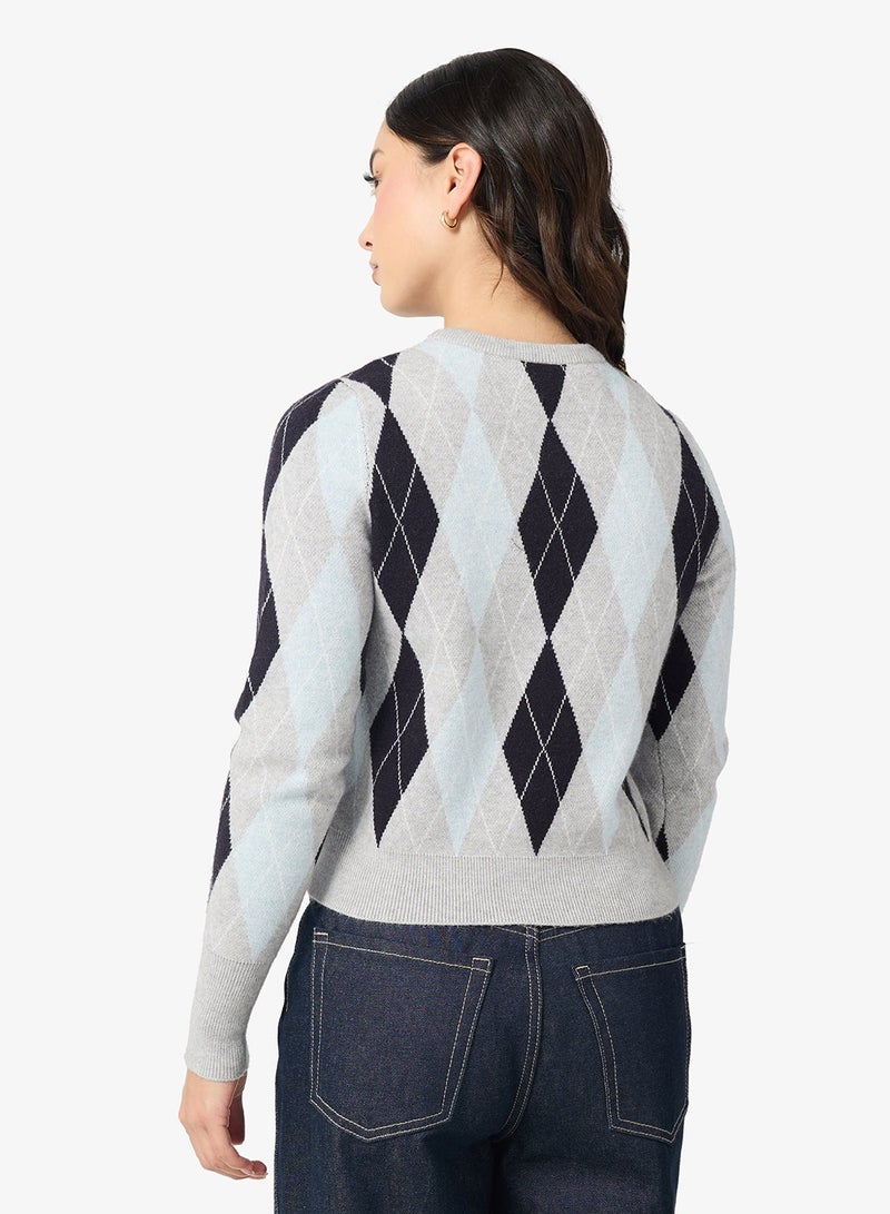 ONLY Onlibi Diamond Check Detail Long Sleeve Crew Neck Pullover Sweater - Image 2