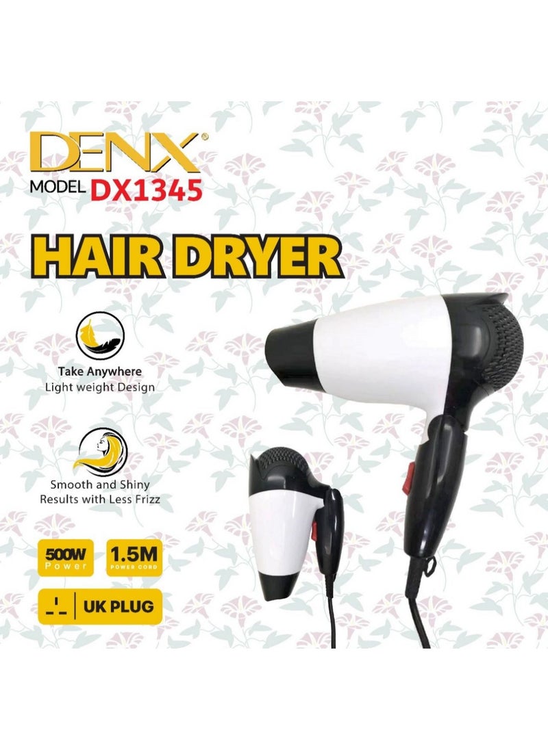 Denx - Denx Professional Ionic Hair Dryer 500 Watts, Fast Dry AC Motor, 2 Speeds, Diffuser And Nozzle - White - Image 1