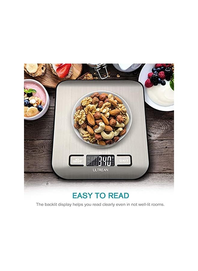 Ultrean Digital Food Scale, High Precision Kitchen Scale, Measures in Grams and Ounces for Cooking and Baking, 5 Units with Tare Function, Stainless Surface (Batteries Included) - Silver