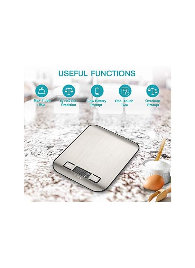 Ultrean Digital Food Scale, High Precision Kitchen Scale, Measures in Grams and Ounces for Cooking and Baking, 5 Units with Tare Function, Stainless Surface (Batteries Included) - Silver