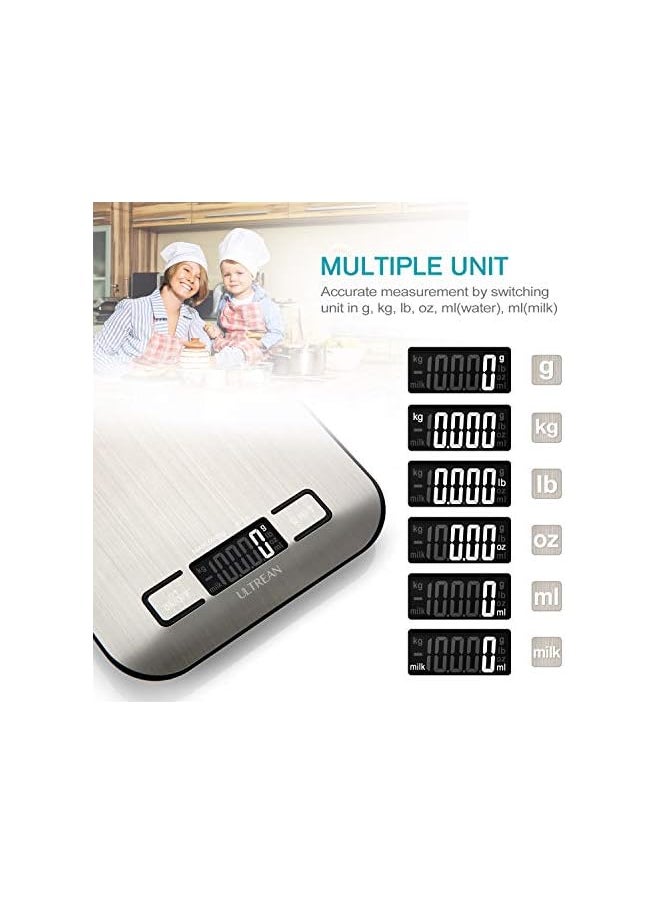 Ultrean Digital Food Scale, High Precision Kitchen Scale, Measures in Grams and Ounces for Cooking and Baking, 5 Units with Tare Function, Stainless Surface (Batteries Included) - Silver