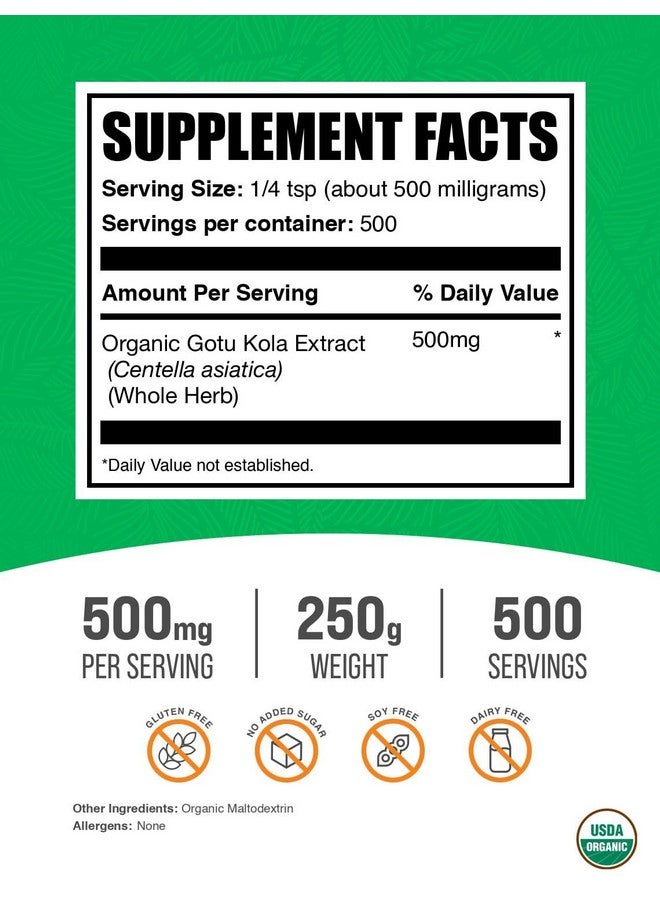 BulkSupplements.com Organic Gotu Kola Extract Powder - from Centella Asiatica Herb, Gotu Kola Powder - Herbal Supplement, Gluten Free, 500mg per Serving, 250g (8.8 oz) (Pack of 1) - Image 2