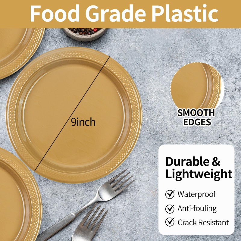LDFDRT Gold Plastic Plates 100 pcs Party Dessert Dinner Plates Disposable Heavy Duty for Party Wedding Valentines (9inch) - Image 2