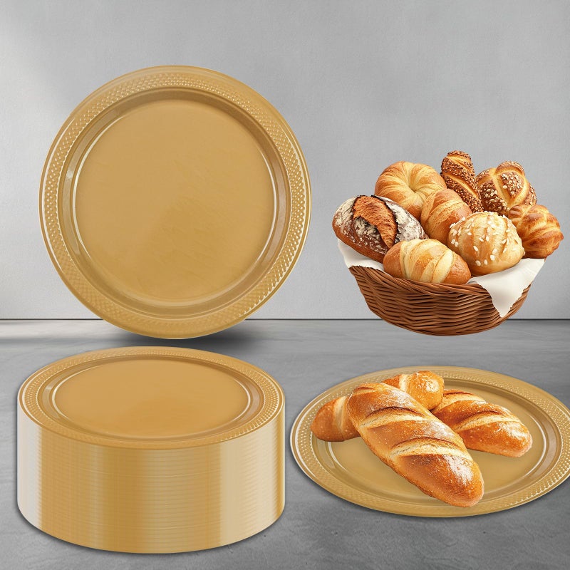 LDFDRT Gold Plastic Plates 100 pcs Party Dessert Dinner Plates Disposable Heavy Duty for Party Wedding Valentines (9inch) - Image 4