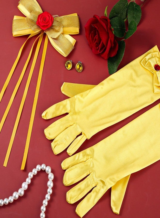 Haysandy 4 Pcs Halloween Princess Costume Accessories Include Yellow Hair Bow Gloves Jewelry Earrings and Rose Flower Princess Dress up Accessories for Halloween Cosplay - Image 3