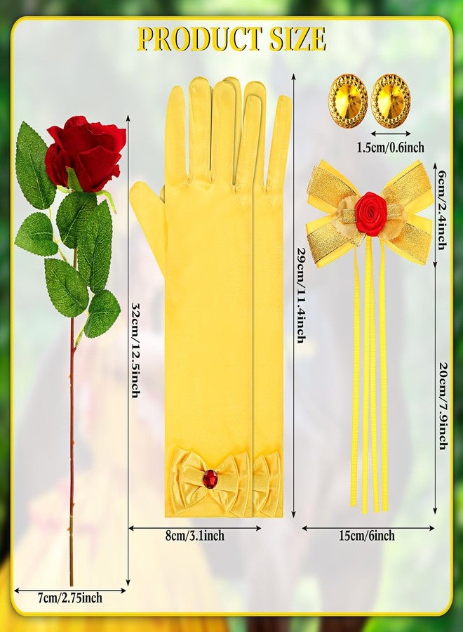 Haysandy 4 Pcs Halloween Princess Costume Accessories Include Yellow Hair Bow Gloves Jewelry Earrings and Rose Flower Princess Dress up Accessories for Halloween Cosplay - Image 2