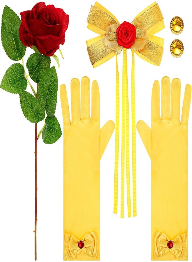 Haysandy 4 Pcs Halloween Princess Costume Accessories Include Yellow Hair Bow Gloves Jewelry Earrings and Rose Flower Princess Dress up Accessories for Halloween Cosplay - Image 1
