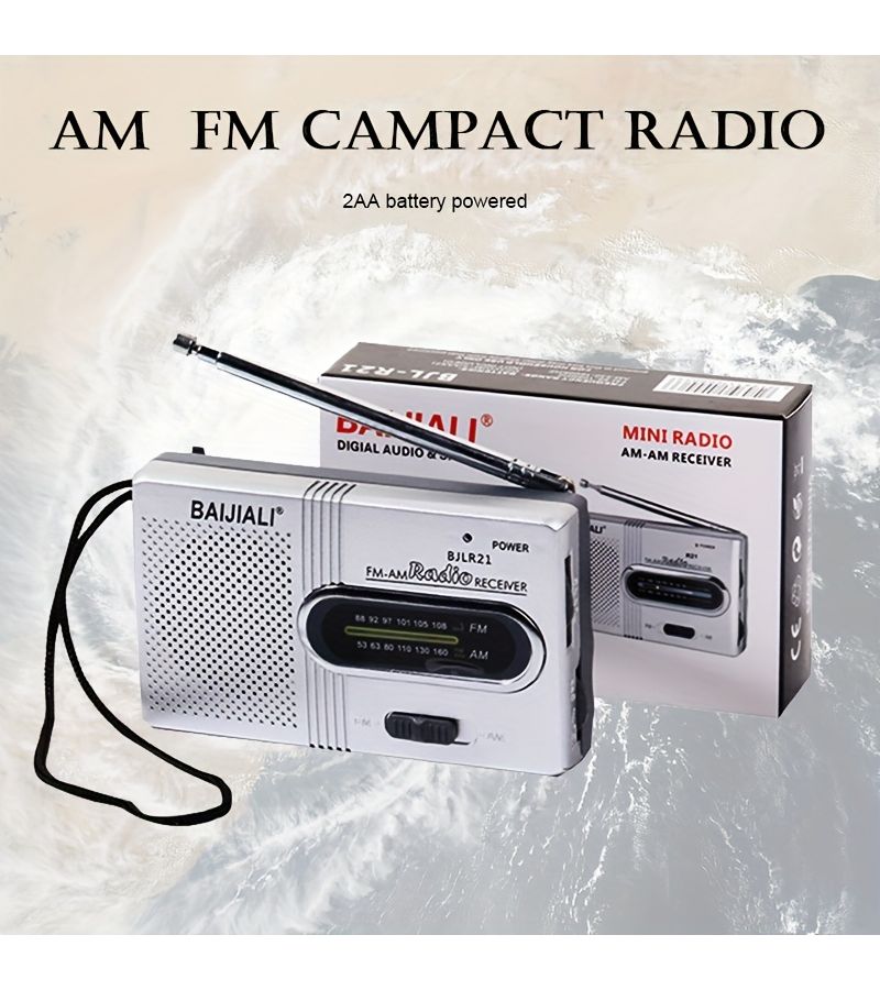 Silvery Pocket Radio AM FM Compact Portable With Speaker Headphone Jack 2AA Battery Powered Lightweight 65g For Indoor Outdoor Emergency Use Hanging Wrist Strap 3.7x2.3x0.8 Inch - Image 1