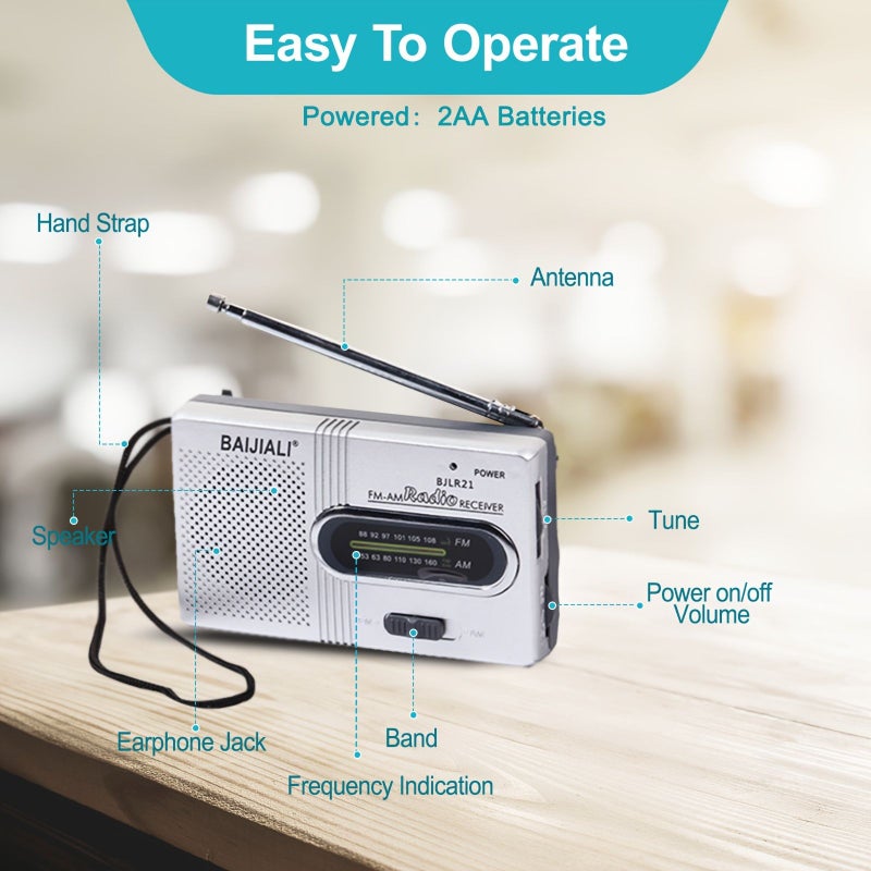 Silvery Pocket Radio AM FM Compact Portable With Speaker Headphone Jack 2AA Battery Powered Lightweight 65g For Indoor Outdoor Emergency Use Hanging Wrist Strap 3.7x2.3x0.8 Inch - Image 4