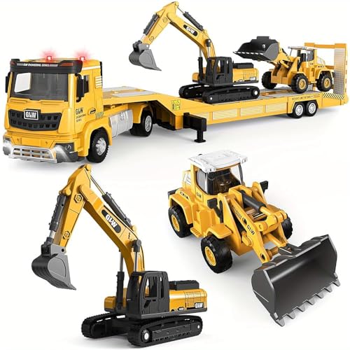 Unimoly Alloy DieCast Construction Vehicles Toys Set wSemi Truck Excavator Bulldozer Real Lights Sounds Movable Parts Learning Toys Gift for 37 Year Old Boys Girls - Image 1