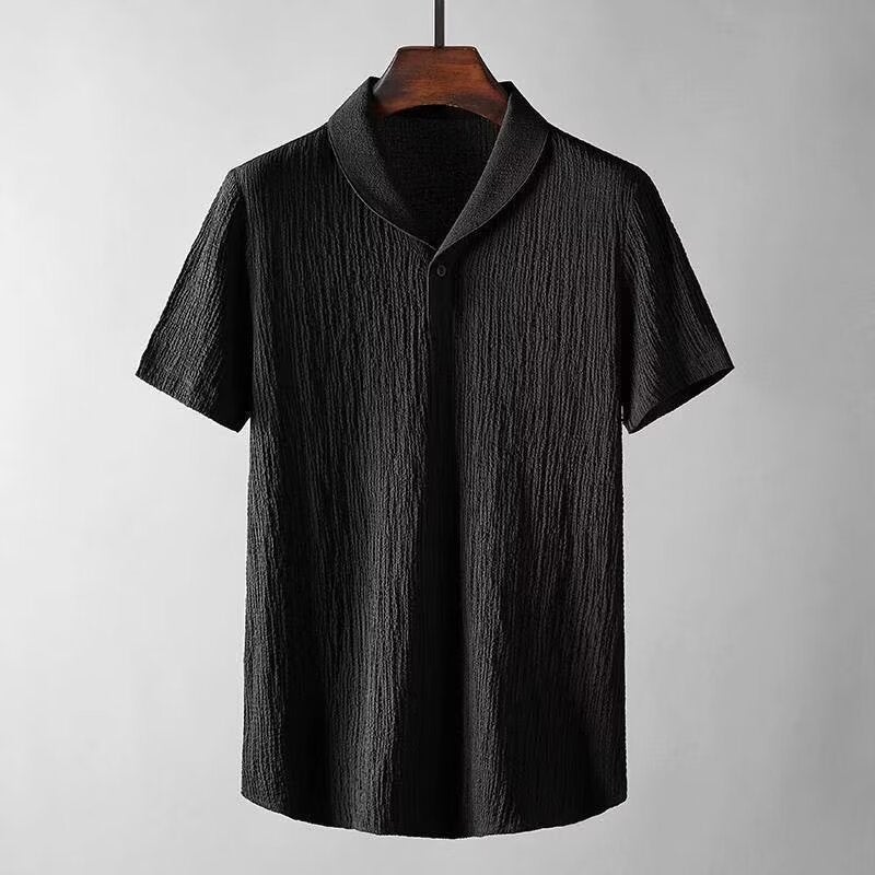 Summer Lightweight Casual Sportswear Set Mens Breathable Fashion Collar Short Sleeve Long Pants Two-Piece Suit Polyester Fiber Black  - Image 4