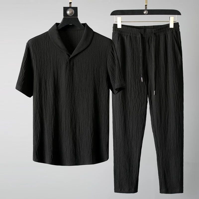 Summer Lightweight Casual Sportswear Set Mens Breathable Fashion Collar Short Sleeve Long Pants Two-Piece Suit Polyester Fiber Black  - Image 1