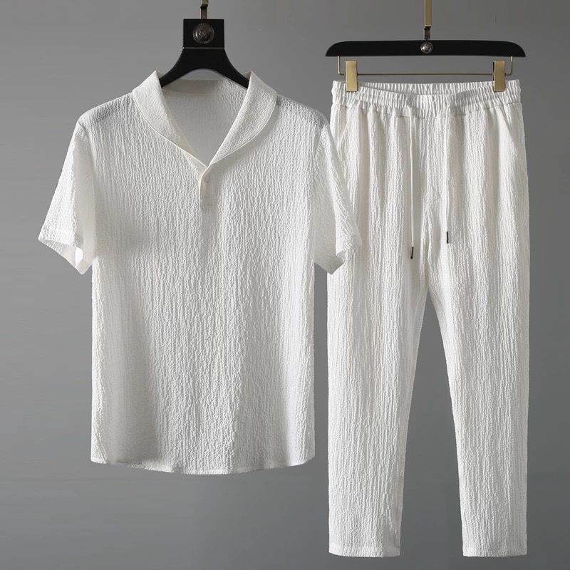 Summer Lightweight Casual Sportswear Set Mens Breathable Fashion Collar Short Sleeve Long Pants Two-Piece Suit Polyester Fiber Black  - Image 2