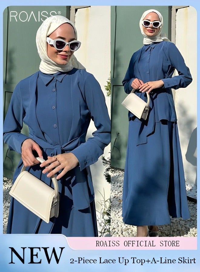 رويس طقم قميص وتنورة نسائي مكون من قطعتين، أكمام طويلة وأزرار وياقة مفتوحة، قميص بأربطة + تنورة كاجوال منسدلة بخصر عالٍ وواسعة وفضفاضة على شكل حرف A بنصف طول - Image 1