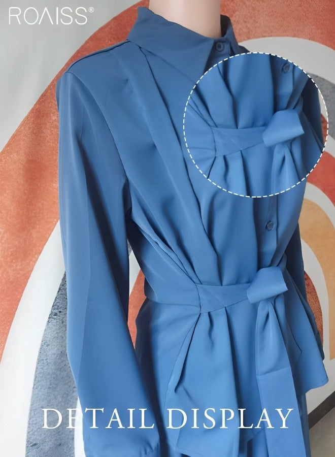 رويس طقم قميص وتنورة نسائي مكون من قطعتين، أكمام طويلة وأزرار وياقة مفتوحة، قميص بأربطة + تنورة كاجوال منسدلة بخصر عالٍ وواسعة وفضفاضة على شكل حرف A بنصف طول - Image 3