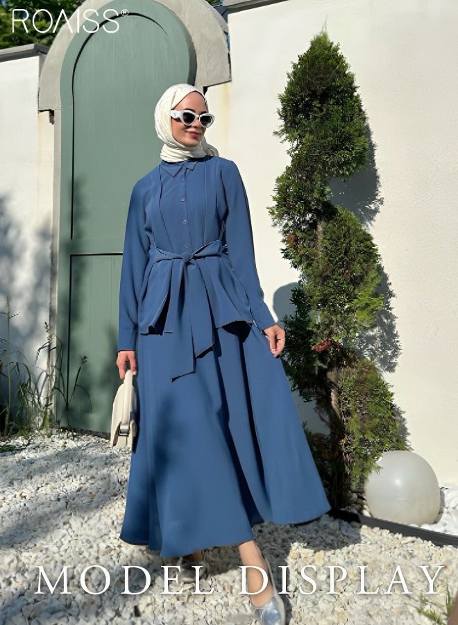 رويس طقم قميص وتنورة نسائي مكون من قطعتين، أكمام طويلة وأزرار وياقة مفتوحة، قميص بأربطة + تنورة كاجوال منسدلة بخصر عالٍ وواسعة وفضفاضة على شكل حرف A بنصف طول - Image 2